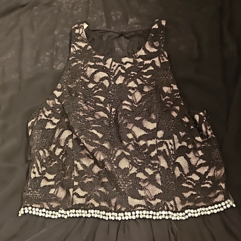 New+tags! City Studio, Jrs 9, waist sequins, hi-lo midi, lace top, open back